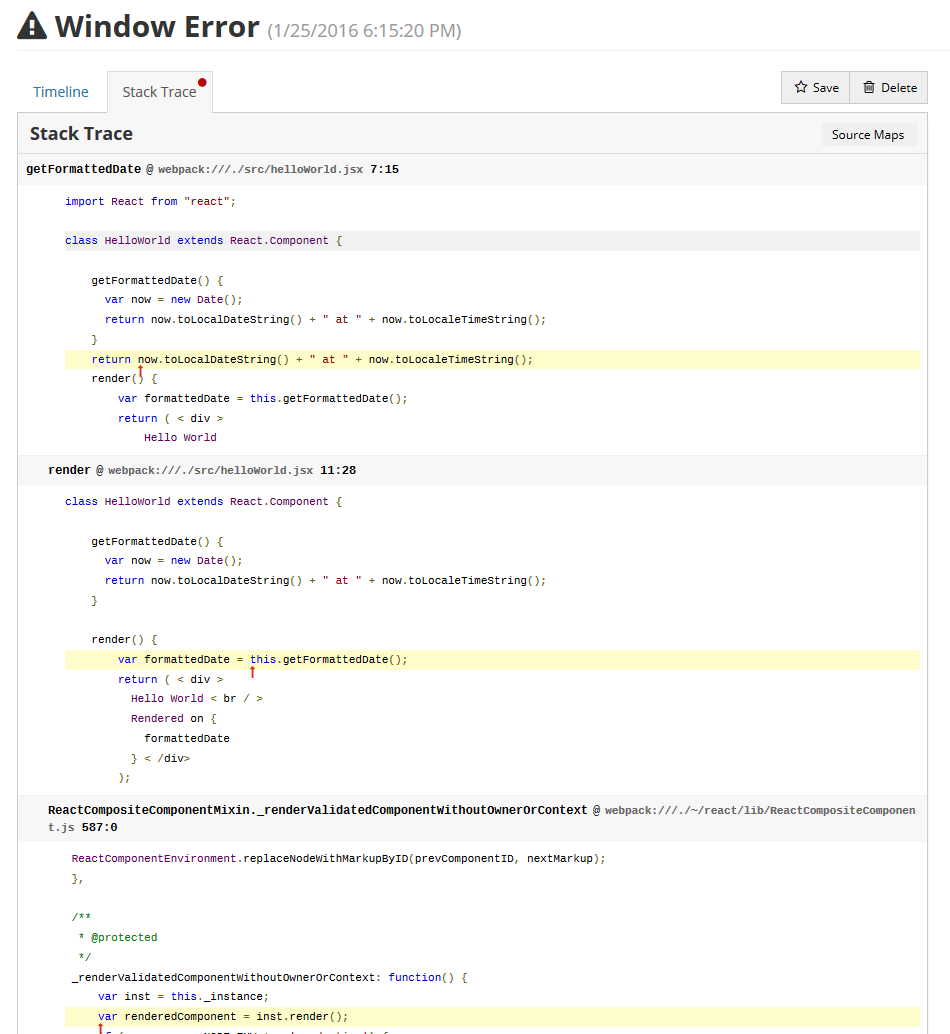 TrackJS Sourcemap Applied - TrackJS Stack Trace with Source Applied