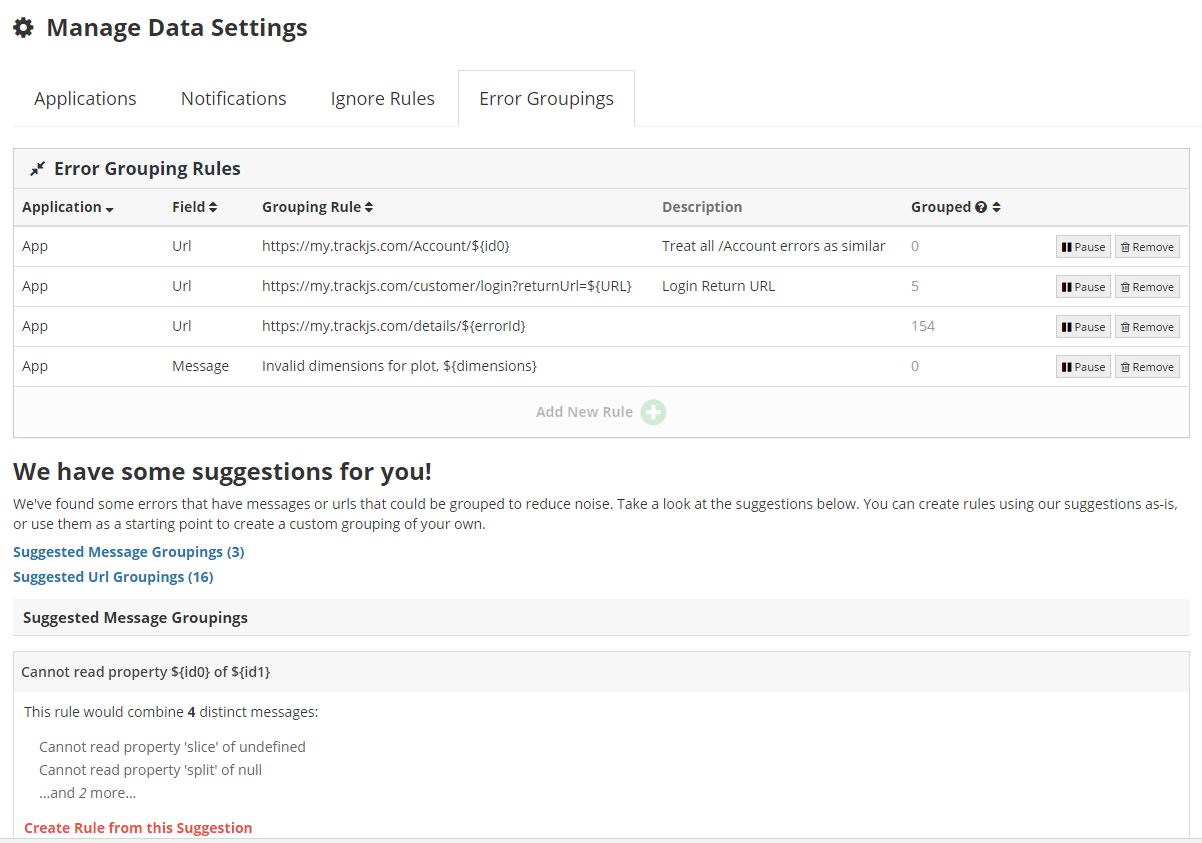 Main error grouping page