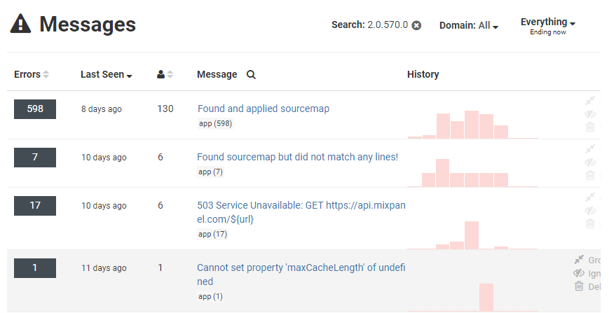 All error messages where the application version matches the search query
