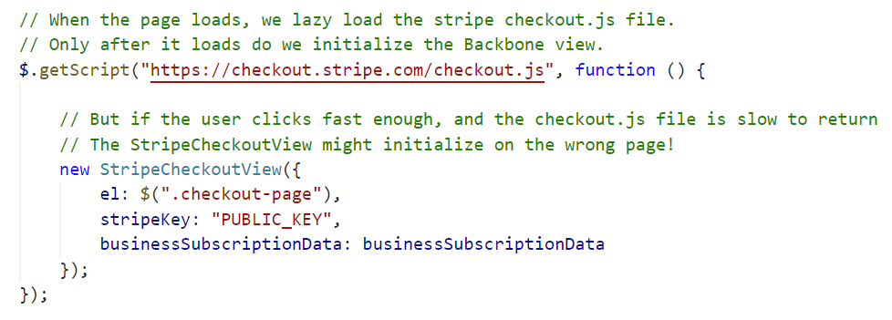 The code we use to boostrap Stripe, and then the rest of our page.