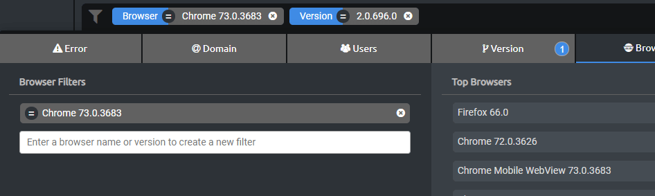 Filter by specific browser and application version.