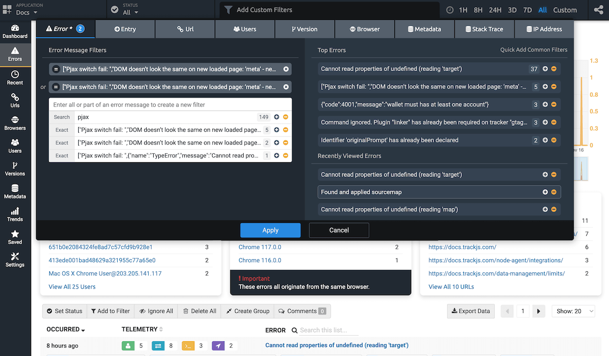 TrackJS Error Filtering