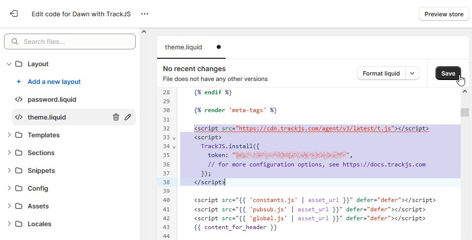 'Layout/theme.liquid' with TrackJS install snippet