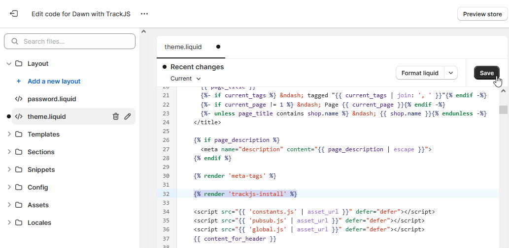 'theme.liquid' updated to use a theme snippet