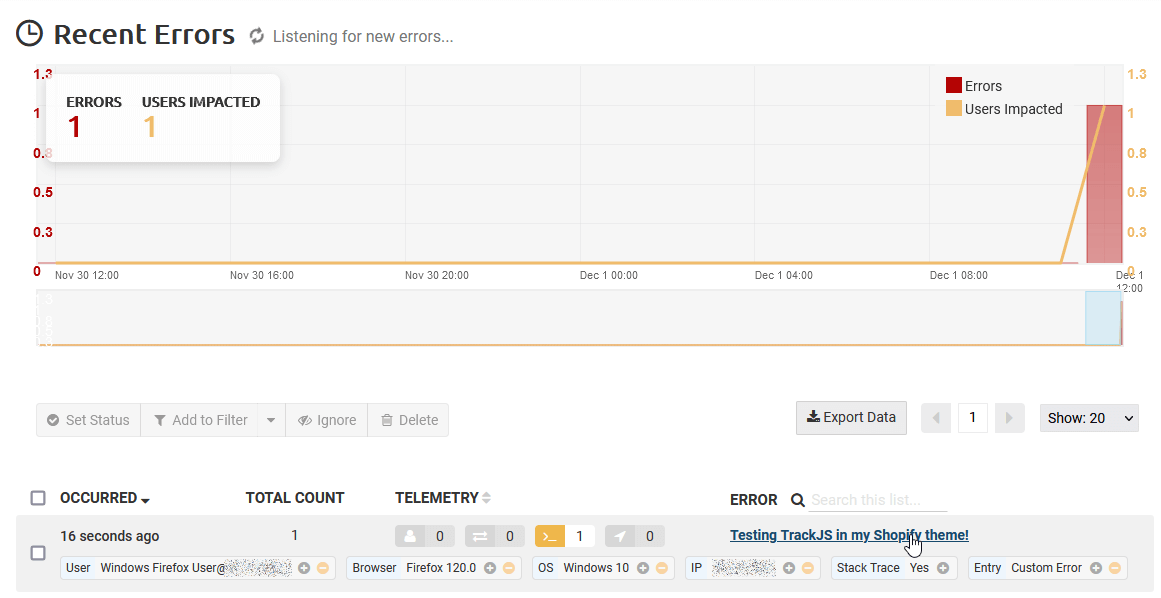 Test error shown in the TrackJS Dashboard