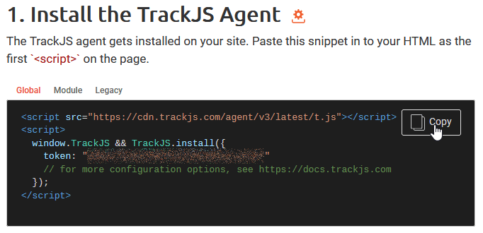 Agent install snippet from the TrackJS Dashboard