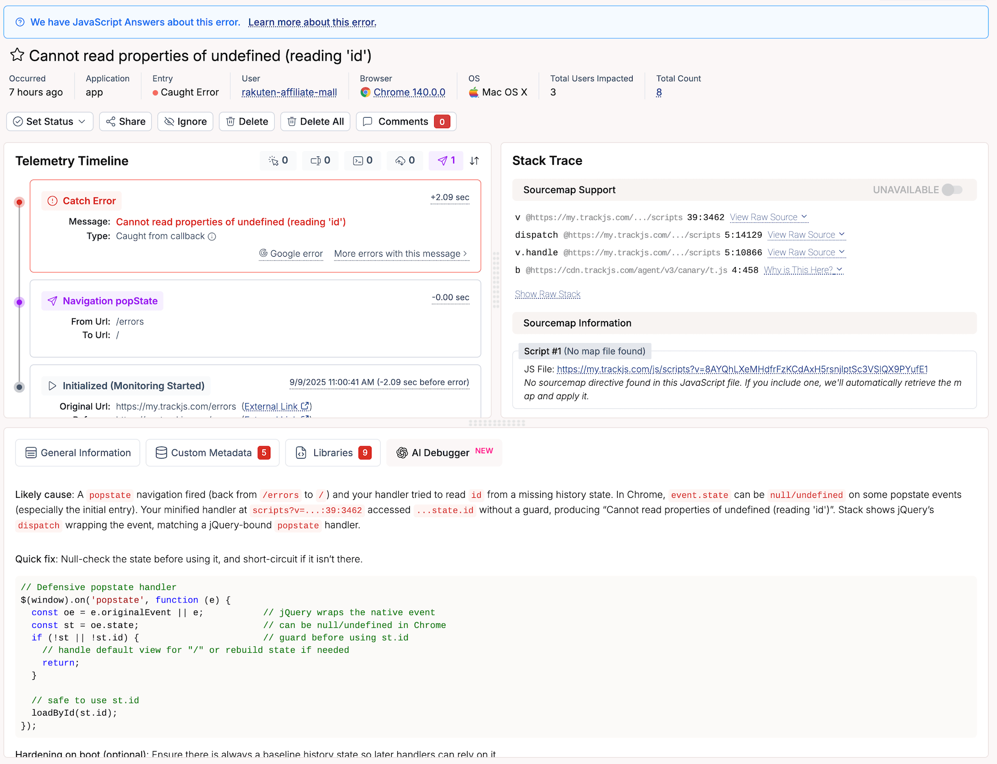 TrackJS AI Code Debugger