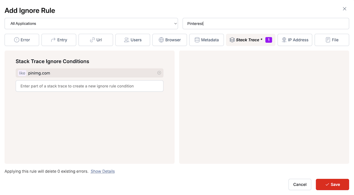 TrackJS ignore rule configuration for Pinterest errors