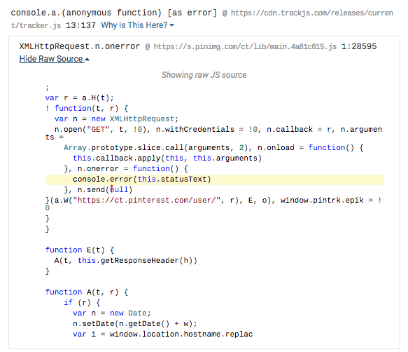 Stack trace showing Pinterest library error with inline source code