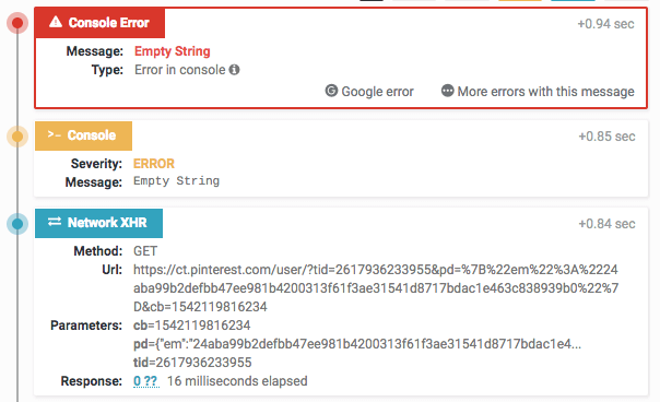 Network telemetry timeline showing Pinterest request with status 0