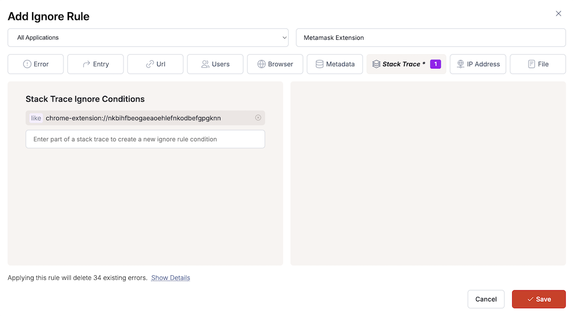 TrackJS Ignore Rule for Metamask Chrome Extension